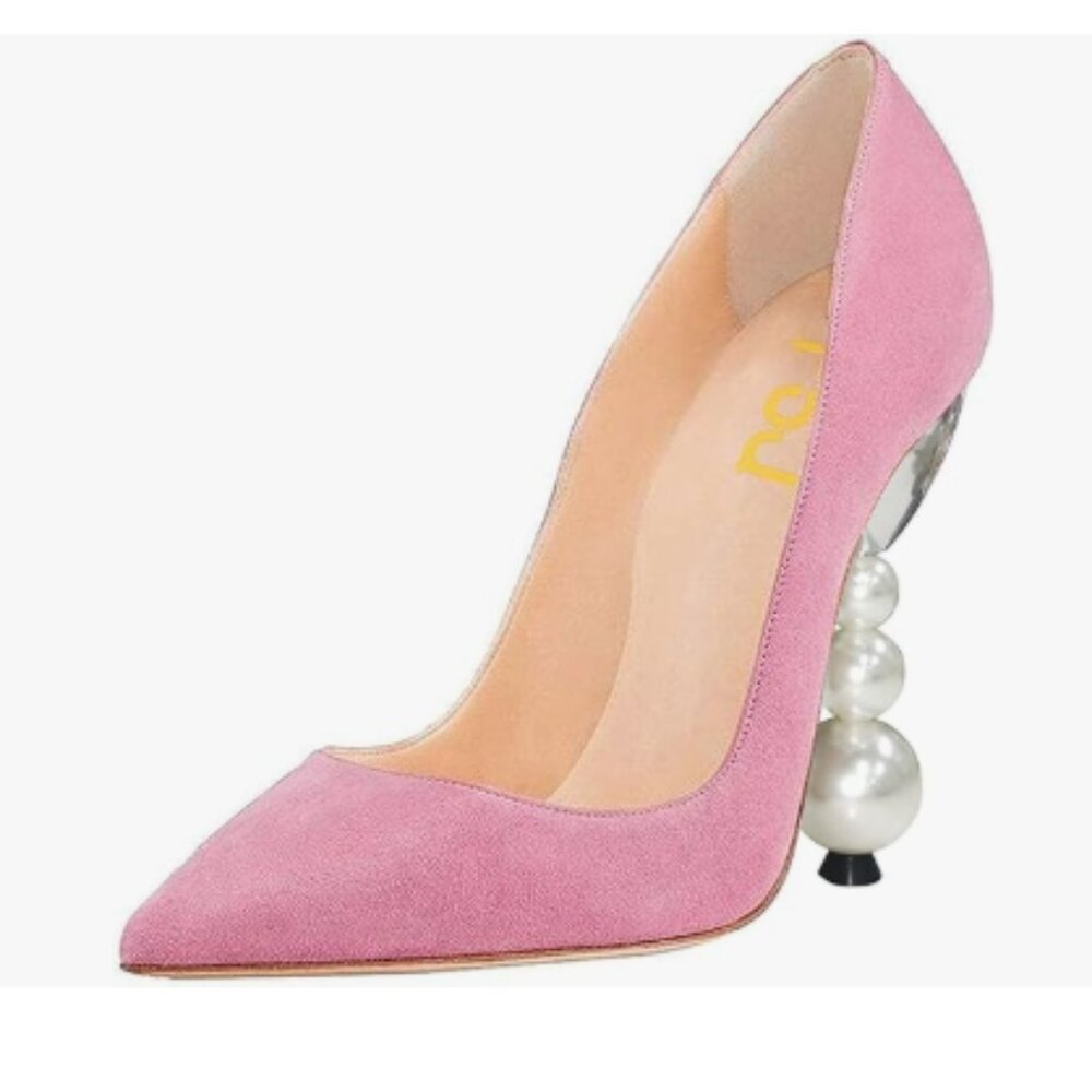 FSJ Pink Suede High Heels Pumps Pointed Toe Slip On Pearls Beaded Elegant Shoes - Picture 1 of 8